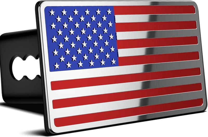 OGYE 2 Inch Trailer Hitch Cover with American Flag, Heavy Metal Trailer Hitch Cover Fit for 2 Inch Hitch Receivers,3 * 5" Blue/Red/Chrome - Image 1